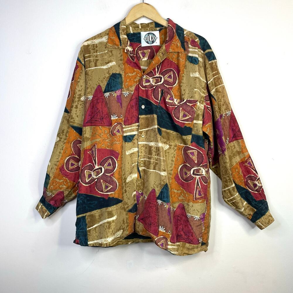 Vintage 90s Y2K Silk Abstract Aztec Button Up Long Sleeve Camp Shirt Disco Men L